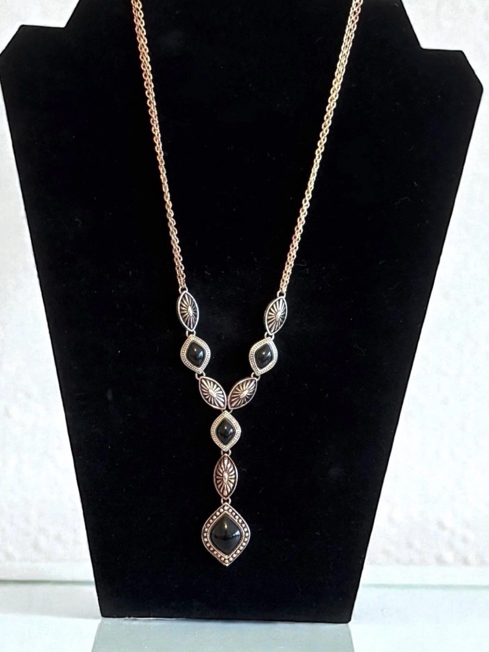 Vintage 1990s Boho Black Cabochon Y Drop Statement Necklace